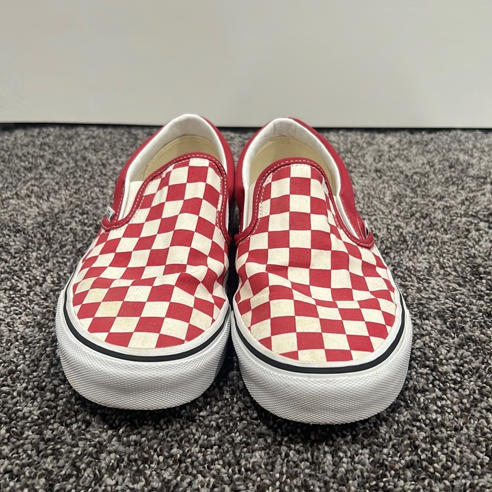 Red and white checkered Vans